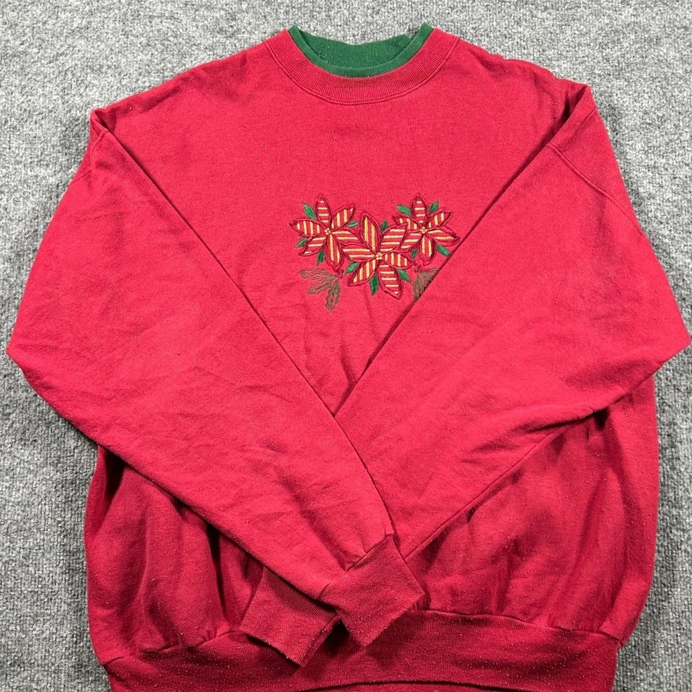 Unbranded Sweatshirt Womens Size XL Red Poinsettia Christmas Double Collar Flaw